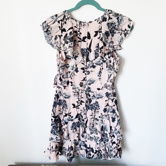 Parker silk light pink & black floral print tiered dress 4 - Picture 2 of 8